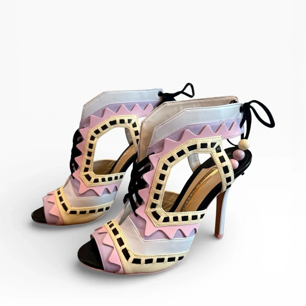 Sophia Webster Riko Leather Pastel Multicolor Cut-Out Lace-Up Heels EU 37 US 7